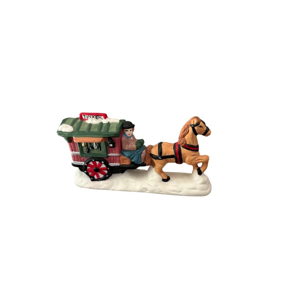 Christmas Village Olde Towne Tinker Wagon Horse Driver Snow 1995